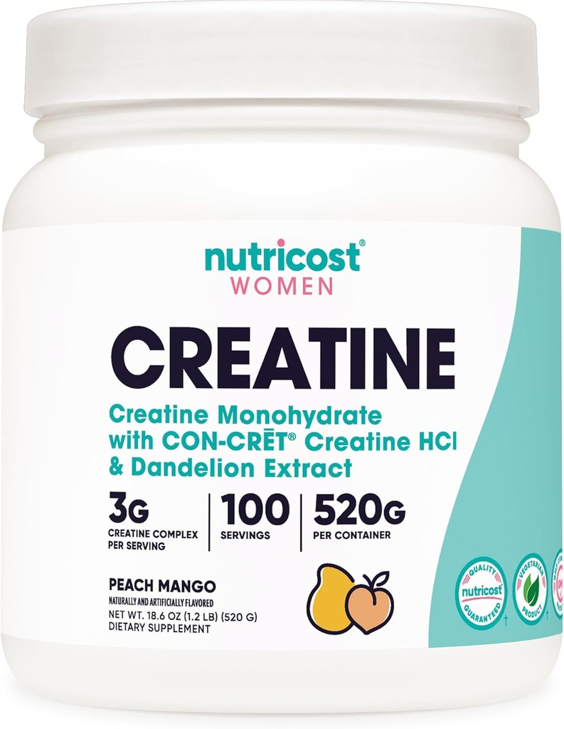 Nutricost Creatine Monohydrate Powder for Women, Micronized, Peach Mango, 100 Servings - Vegetarian, Non-GMO, Gluten Free