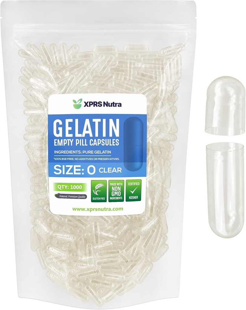 XPRS Nutra Boyutu 0 Clear Boş Gelatin Capsules 1000 Kont - Kosher ve Halal - Pure Gelatin Pill Capsule - DIY Toz Doldur - Kullanılabilir Gel Caps Pills for DIY Supplements