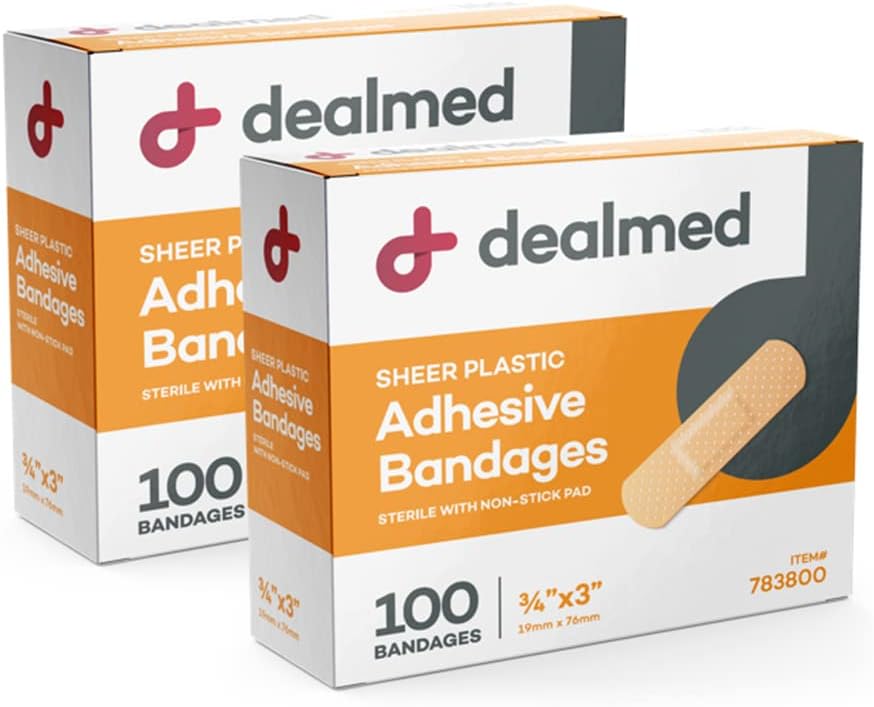 Dealmed Sheer Plastik Esnek Bantları - 100 Count (2 Pack) İlk Yardım Kit için Yara Bakımı, 3" x 3" x 3"