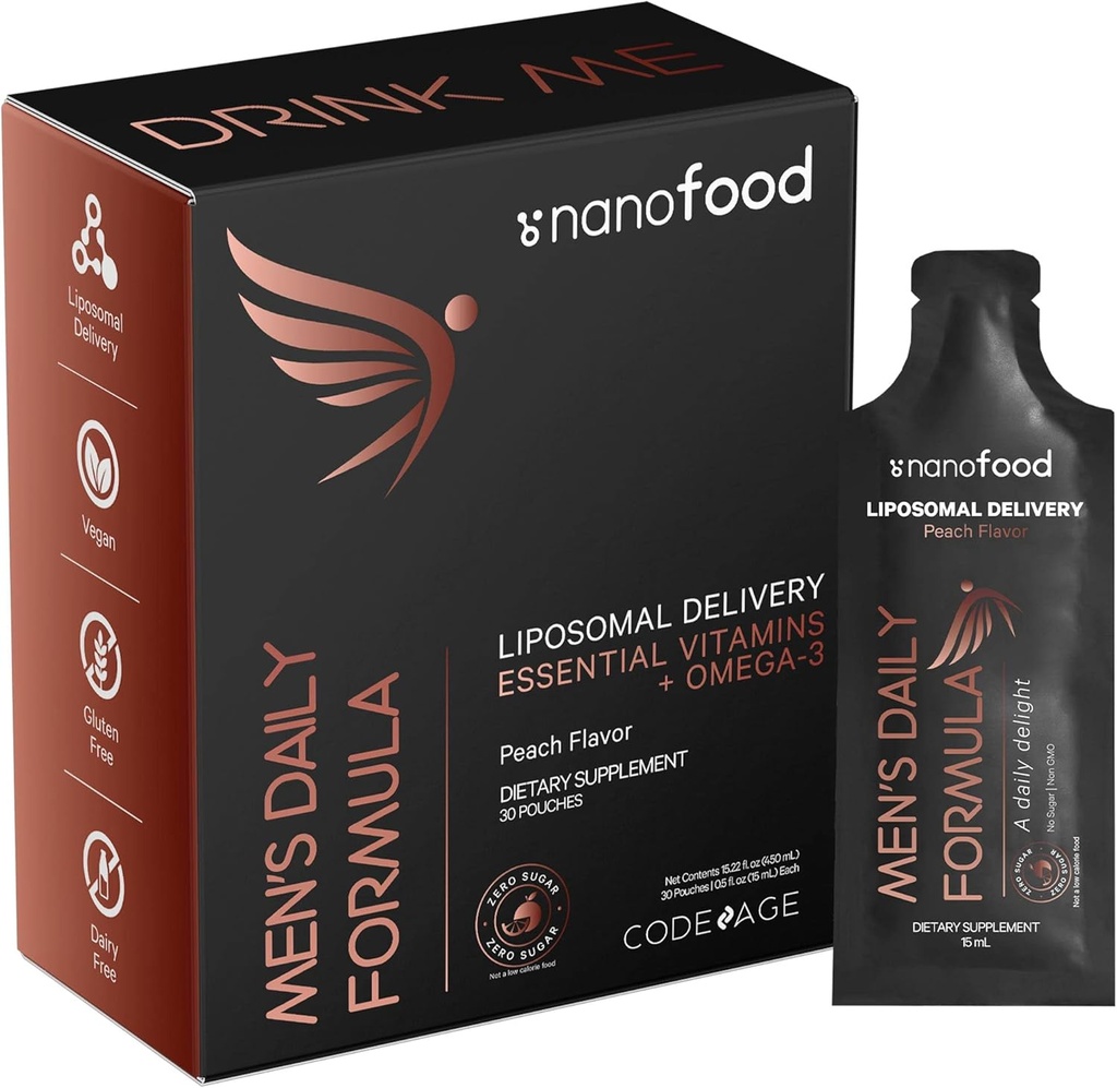 Günlük Erkekler Sıvı Vitaminler Tamam - Liposomal Multivitamin A, B, C, D, E, Biotin, Omega-3 & Omega-9 - Folate, Niacin, BlackBerry, Vegan - Sugar-Free & Non-GMO - 30 Pouches