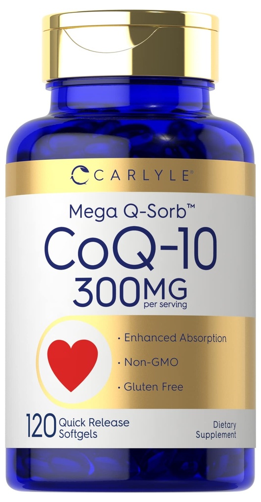 Carlyle CoQ10 300 mg | 120 Softgels | Mega Q-Sorb Coenzyme Q-10 | Black Pepper Extract | Non-GMO, Gluten Free Supplement Supplement
