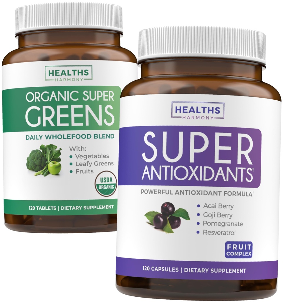Super Greens & Antioxidants (2-Month Supply) Antioxidant Power Greens Bundle of Organic Super Greens Powder - Complete Superfood (120 Κάψουλες) & Super Antioxidants - Ισχυρό Superfood (120 Κάψουλες)
