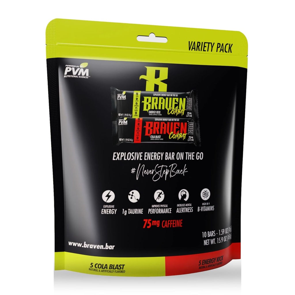 Braven Combat Diversity Pack Energy Bars with Caffeine (1.59 oz, 10 Paket) – 75 mg Caffeine ile On-Go Energy Bars – Gluten Free Snacks
