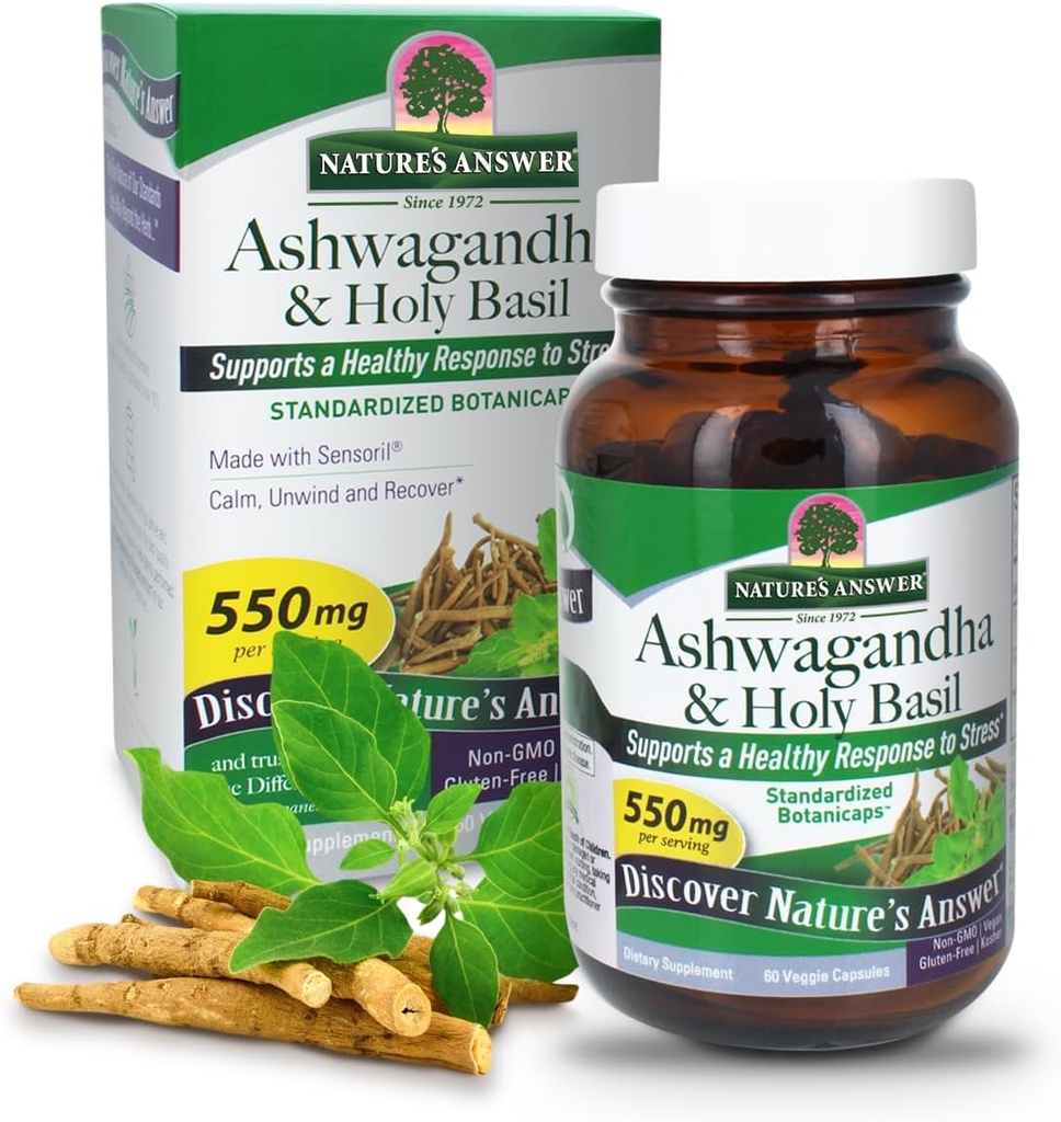 Nature's Answer Ashwagandha Root with Holy Basil 60 Capsules | Strese Sağlıklı Bir Cevap Destek* | Calm. Relax and Unwind*. | Gluten Free | Non-GMO | Kosher | Vegan | Vegetarian
