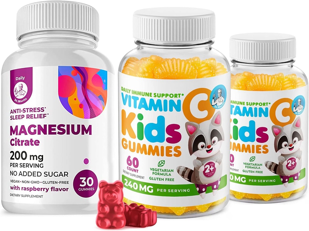Vitamin C Gummies 120 count for Kids & Adults 240 mg and Magnesium 200 mg Gummies - Immune Support Low-Sugar Chewable Gummy Vitamins for Toddlers with Magnesium Calm Chews for Kids & Adults Sugar-Free