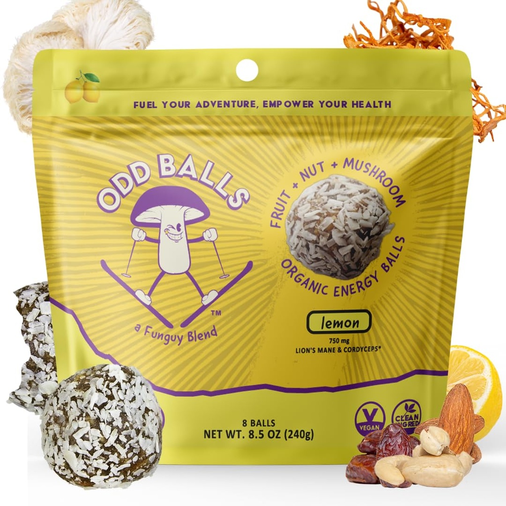 ODD BALLS Organic Energy Balls Lemon - Superfood Mushroom Snack - Τρέξιμο, Ποδηλασία, Πεζοπορία - Gels, Bars Εναλλακτική - Lion's Mane Focus, Cordyceps Energy - Vegan, Gluten Free Snacks for Kids & Adults