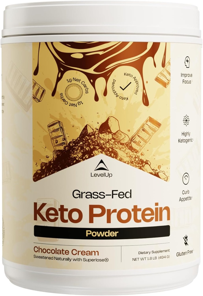 LevelUp WINNER - BEST KETO PROTEIN Grass-fed Collagen protein Toz, C8 MCT Oil, Whey Protein Isolate, İrlandalı Butter, Ketgen Protein Shake Supplement (Chocolate Cream)