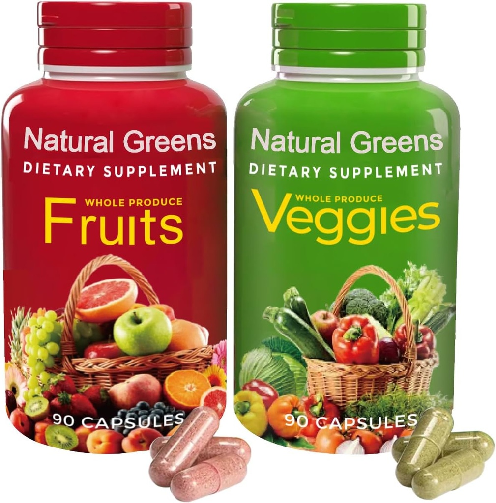 NATURAL GREENS Βιολογικά Φρούτα & Λαχανικά συμπλήρωμα – Superfood Κάψουλες με Βιταμίνες & Προβιοτικά – Υποστηρίζει Διέγερση, Ανοσία, Energ & Gut Υγεία – 180 Κάψουλες για Ενήλικες & Παιδιά