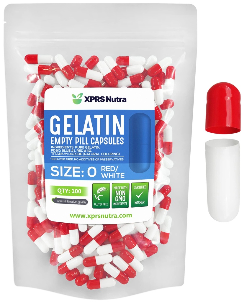 XPRS Nutra Μέγεθος 0 Κενές κάψουλες - 100 Count Empty Gelatin Κάψουλες - Χάπια DIY Καψάκιο Γέμισμα - Καθαρά Καπάκια τζελ Μπόβιν Χάπι για Συμπληρώματα Do-It-Yourself (Red/White)