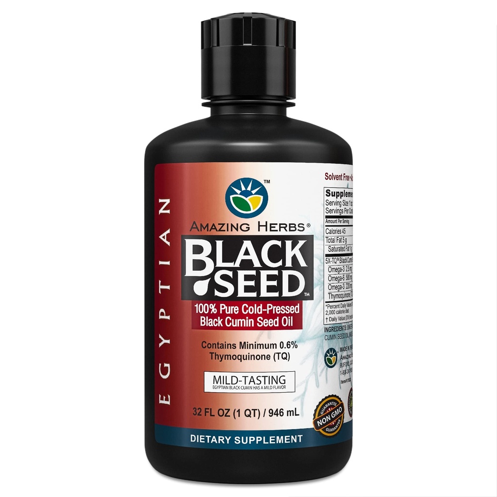 Amazing Herbs Egypt Black Seed Oil - Gluten Free, Non GMO, Cold Pressed Nigella Sativa Aids in Digestive Health, Immune Support, Brain Function, Mild Flavor - 32 Fl Oz Oz Oz