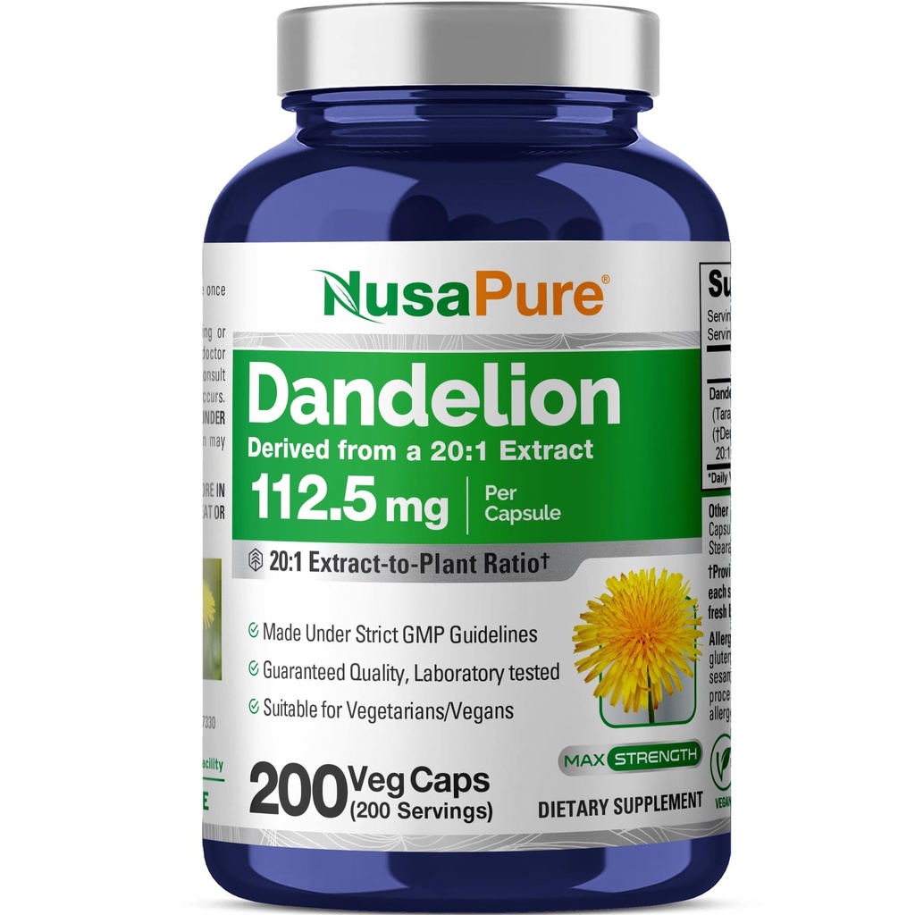 NusaPure Dandelion Root 20:1 Extract, 112,5 mg Ισοδύναμα με 2.250 mg 200 κάψουλες Veggie (Non-GMO, Vegan)