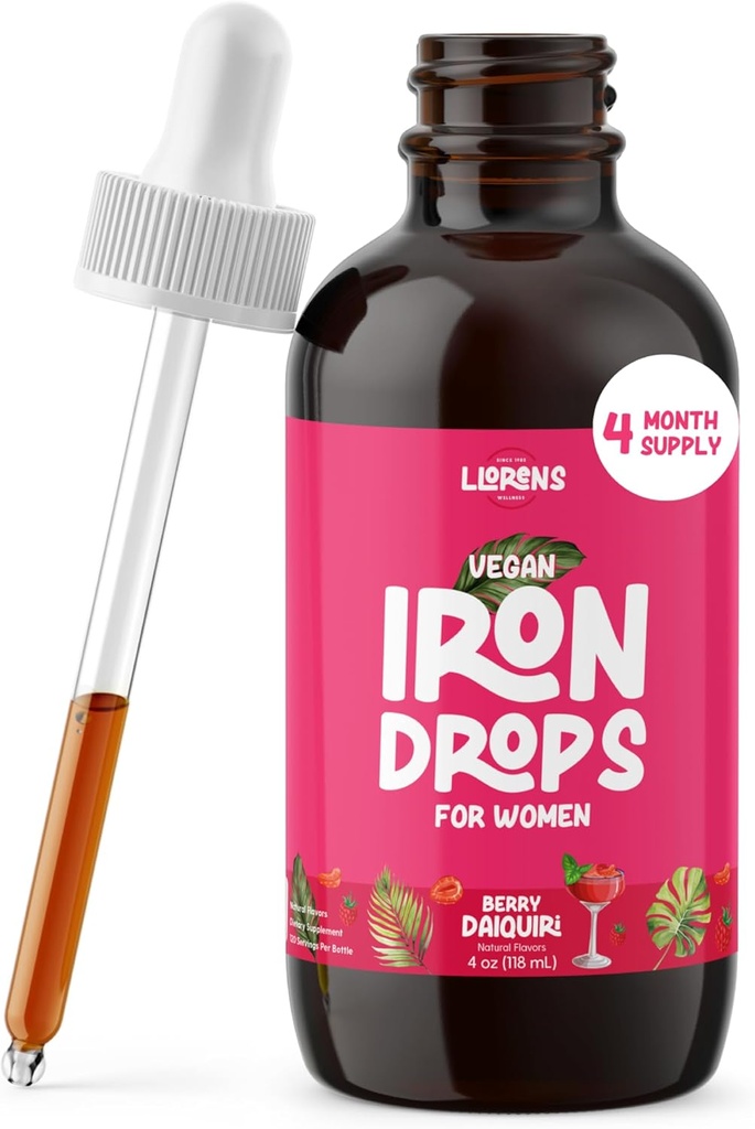 LLORENS PHARMACEUTICAL Iron Supplement for Women Iron Drops Daily Support, 20mg of Polysaccharide Complex Free Taste, Natural Sweeteners, Vegan ve Paraben Free (Berry Daiquiri, 4 Fl Oz)