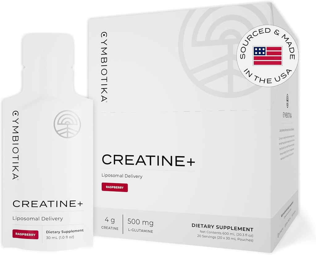 CYMBIOTIKA Kretine+, Empati Enerji, Kurtarma, Kas Mass & Brain Support, Liposomal Delivery, Gluten Free & Vegan, Raspberry Flavor - 30 ml Pouches (Pack of 20)