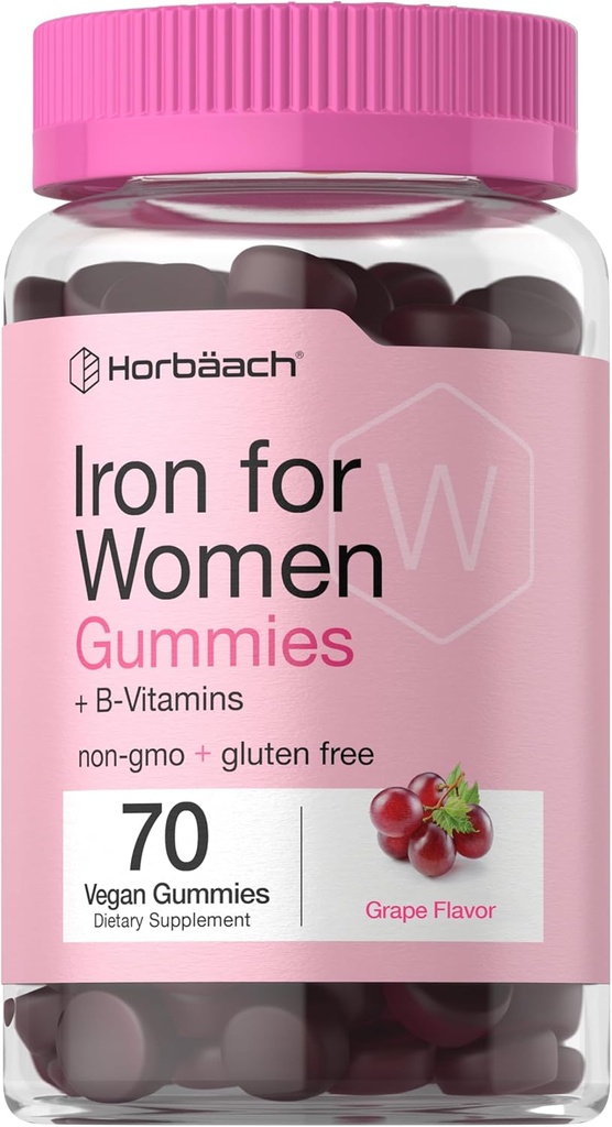 Horbäach Iron Gummies for Women | 70 Count | Grape Flavor | Supplement with B Vitamins Folate and çinko | Vegan, Non-GMO & Gluten Free