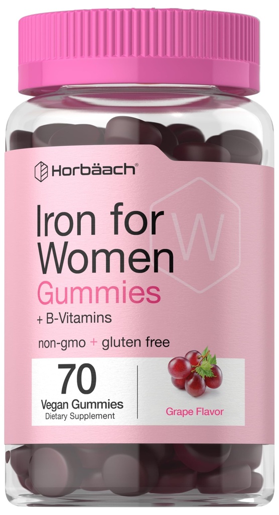 Horbäach Iron Gummies for Women | 70 Count | Grape Flavor | Supplement with B Vitamins Folate and çinko | Vegan, Non-GMO & Gluten Free