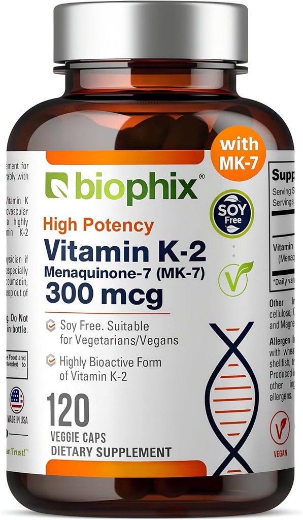 Biyophix Vitamin K2 MK-7 30006, 120 Vegan Capsules - Yüksek Lisans Kemik Güçliği ve Immune Health için Tamam