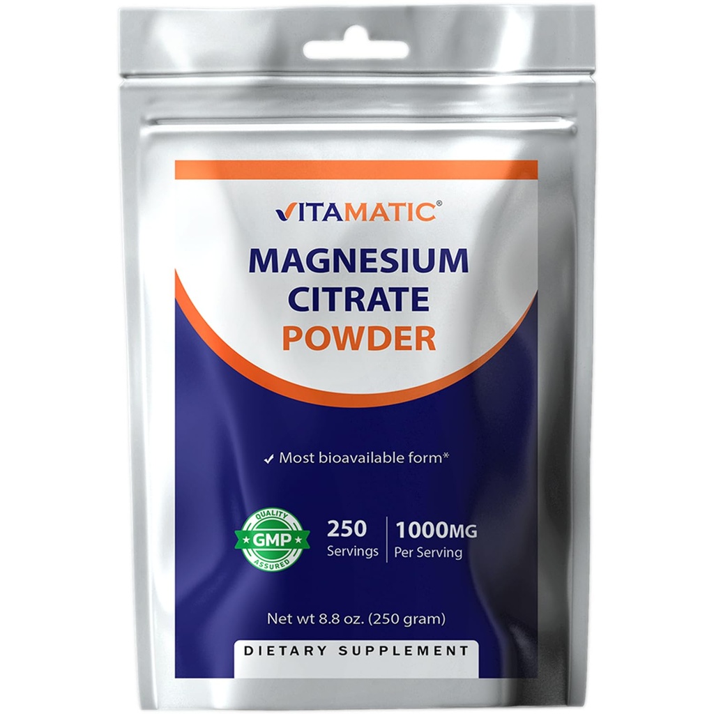 Vitamatic Magnesium Citrate 1000mg ανά υπηρεσία Υποστηρίζει τους μυς, τις αρθρώσεις και την υγεία της καρδιάς 250 γραμμάρια - 250 υπηρεσίες
