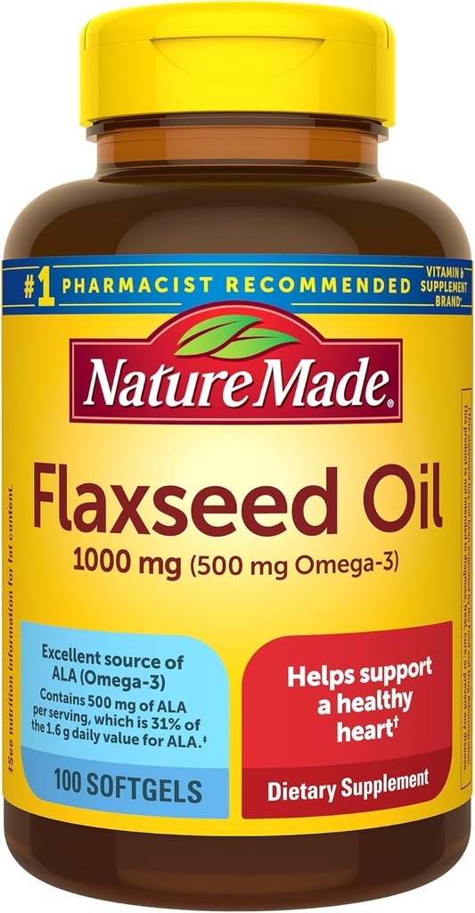 Nature Made Flaxseed Oil 1000 mg, Fish Free Omega 3 συμπλήρωμα, συμπλήρωμα διατροφής για την υποστήριξη της υγείας της καρδιάς, 100 Softgels, 100 ημέρες προσφοράς