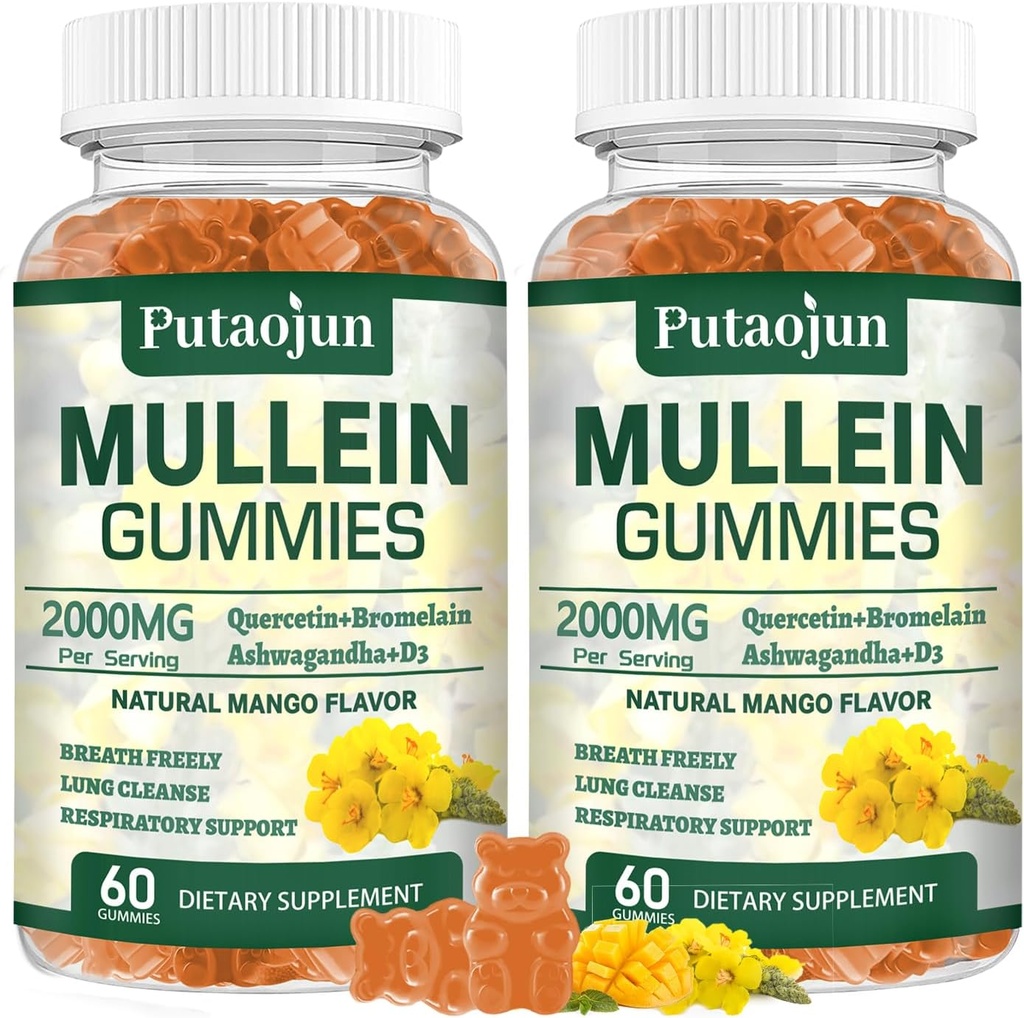 Lungs için Mullein Gummies | 2000 mg Mullein Leaf Extract for Respiratory & Immune Support | Pure Vegetarian Mullein Gummies Herbal | Soft and Non Sticky | Mango Flavor | 2 Pack