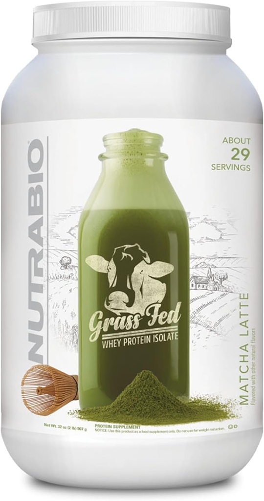 NutraBio Grass Fed Whey Isolate Protein Powder - 25G πρωτεΐνης ανά Scoop - Ζάχαρη συμπλήρωμα φυσικής πρωτεΐνης των μυών Lean - Matcha Latte - 2 Λίρες, 29 εξυπηρετούν
