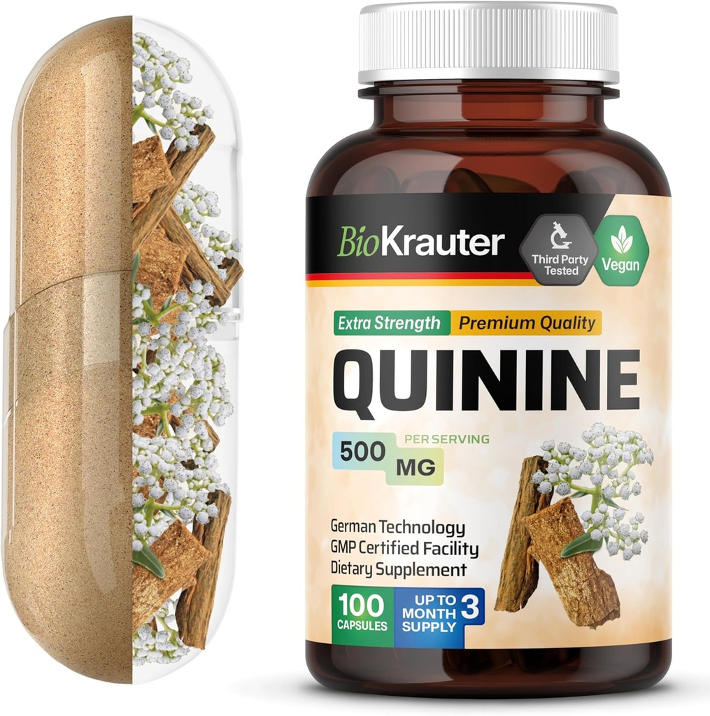 BIO KRAUTER Quinine for Leg Cramps Capsules 500 mg - 100 Kont - Cinchona Bark Toz - Quinine Capsules - Vegan, No Fillers