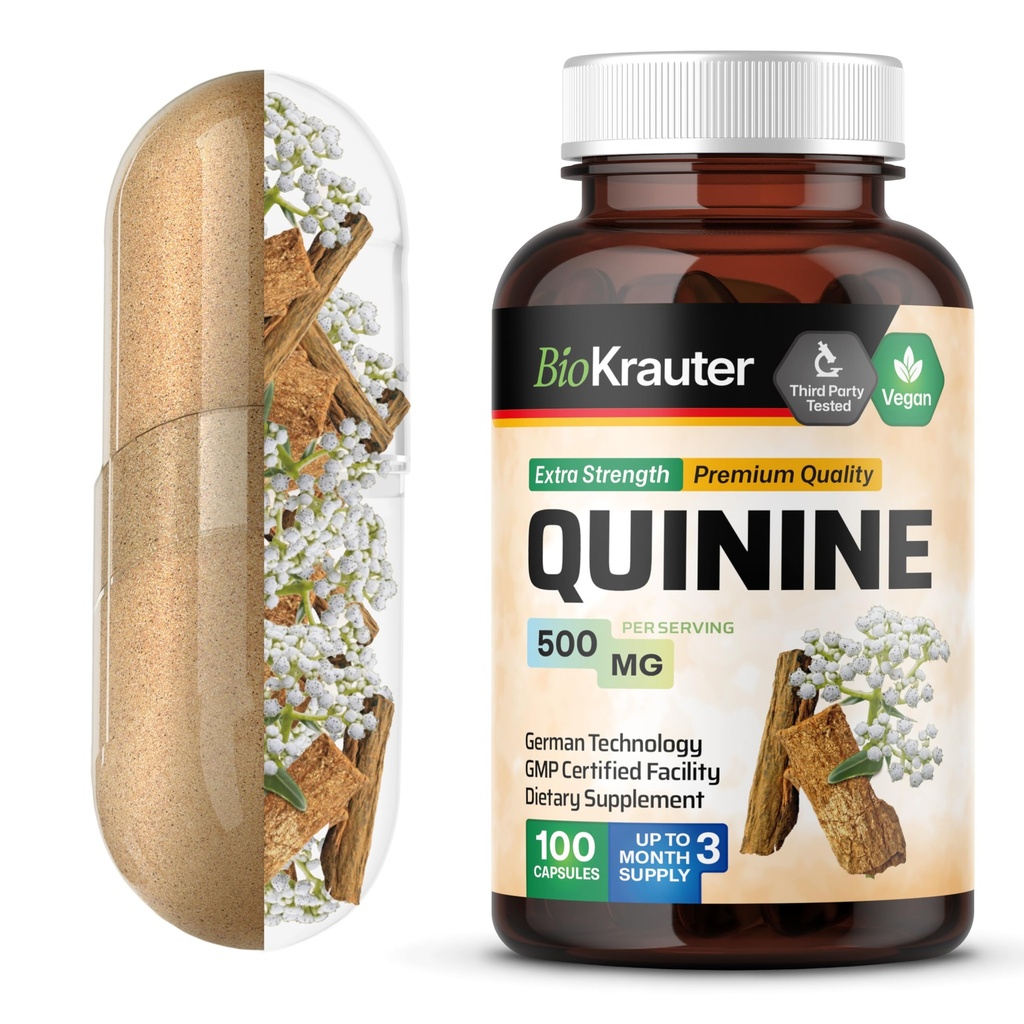 BIO KRAUTER Quinine for Leg Cramps Capsules 500 mg - 100 Kont - Cinchona Bark Toz - Quinine Capsules - Vegan, No Fillers
