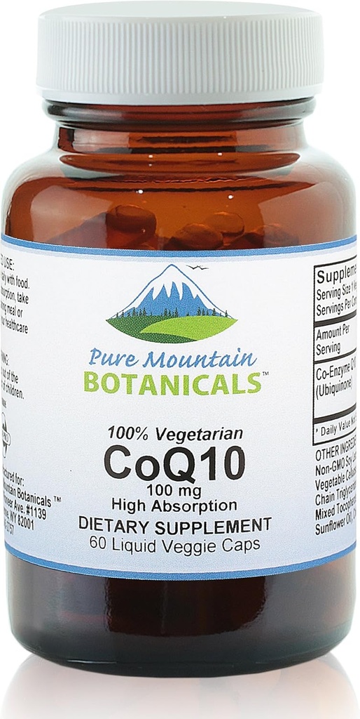 Pure Mountain Botanicals Coq10 100 mg Softgels - 60 Vegan Kosher Capsules ile Ubiqunone Coenzyme Q10 Supplement