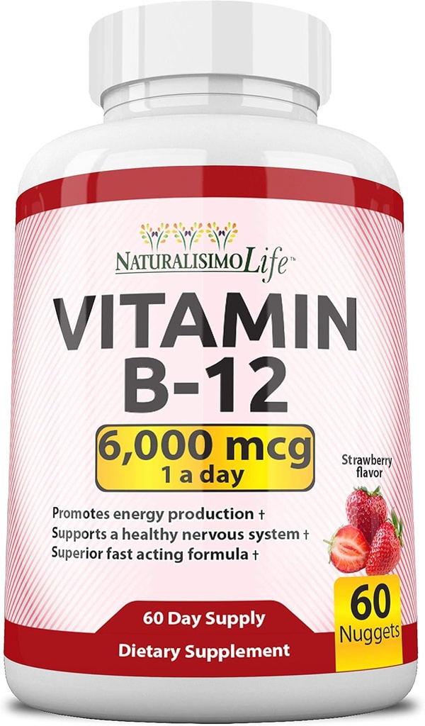 NaturalisimoLife Βιταμίνη B12 6.000 mcg – Γρήγορη Διάλυση Ψήγματα Γεύσης Φράουλα – 60 Ψήγματα, μη-ΓΤΟ, Vegan, Χωρίς γλουτένη