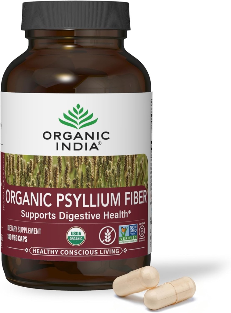 ORGANIC INDIA Psyllium Husk Κάψουλες - Συμπλήρωμα ινών, Υγιεινή Αποβολή - Vegan, Keto Φιλικό, χωρίς γλουτένη, USDA Certified Organic, Non-GMO, Soluble & Αδιάλυτη Πηγή Ίνων - 180 Count