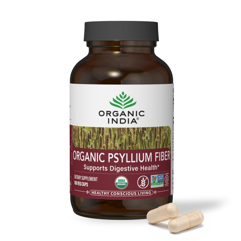ORGANIC INDIA Psyllium Husk Capsules - Fiber Supplement, Sağlıklı Eliminasyon - Vegan, Keto Friendly, Gluten-Free, USDA sertifikalı Organik, Non-GMO, ► & In unknown Fiber Source - 180 Count
