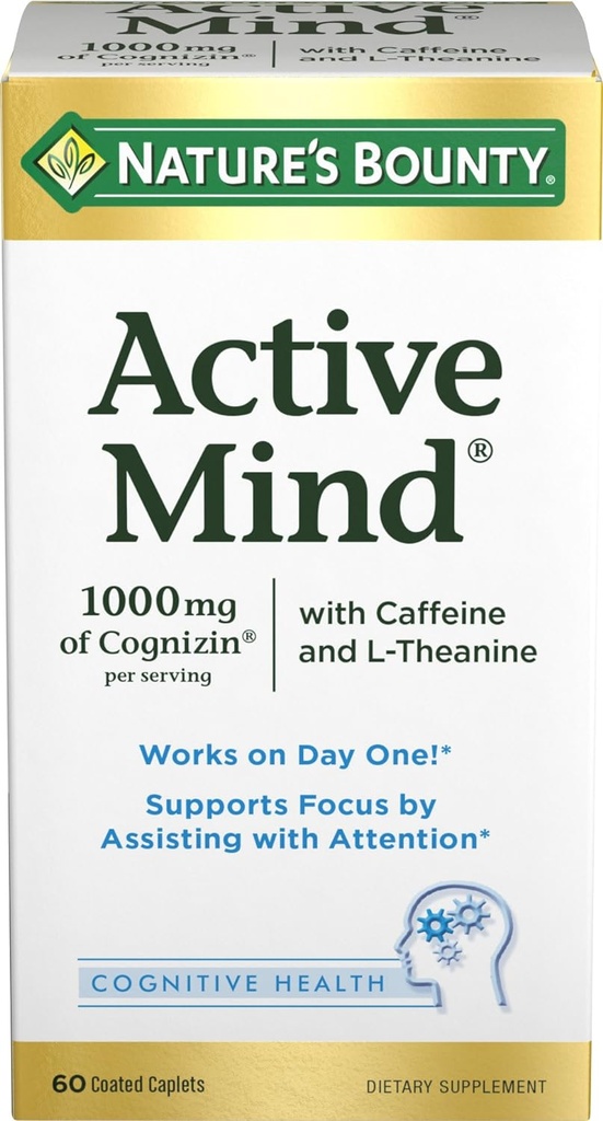 Nature's Bounty Active Mind Diyetary Supplement, Supports Focus ve Dikkat, L-Theanine ve Caffeine Pills, 60 Caplets