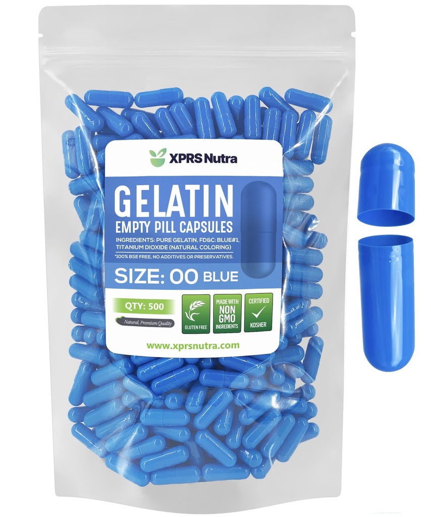 XPRS Nutra Μέγεθος 00 Κενές κάψουλες - 500 Count Empty Gelatin Κάψουλες - Χάπια DIY Καψάκιο Γέμισμα - Γέμισμα χάπια Gel Caps για Do-It-Yourself Συμπληρώματα (μπλε)
