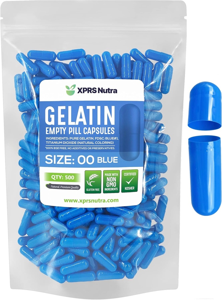 XPRS Nutra Μέγεθος 00 Κενές κάψουλες - 500 Count Empty Gelatin Κάψουλες - Χάπια DIY Καψάκιο Γέμισμα - Γέμισμα χάπια Gel Caps για Do-It-Yourself Συμπληρώματα (μπλε)