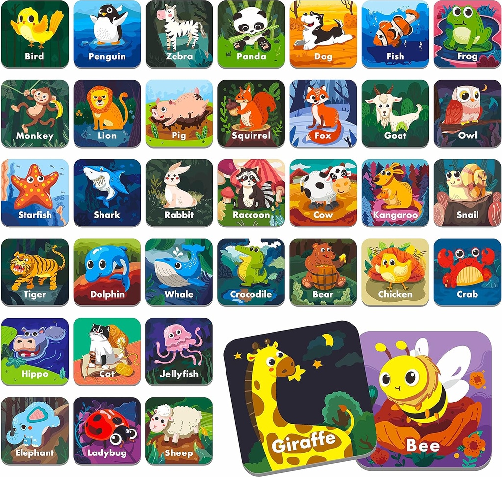 Hebayy 36 Pair Animal Matching Memory Game Flash Cards for Toddler, Preschool, Kindergarten and Home. Erasable, Fun & Fast, Travel Friendly, Skill Building. Boyut 2" x 2"(2 x 5 cm)