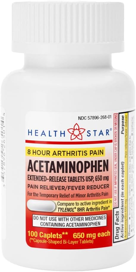 GeriCare Acetaminophen Extended-Release Arthritis 650 mg Caplets, Pain Reliever, Arthritis Belirtileri, Ateş Azaltımı, 100 Kont (1Kap)