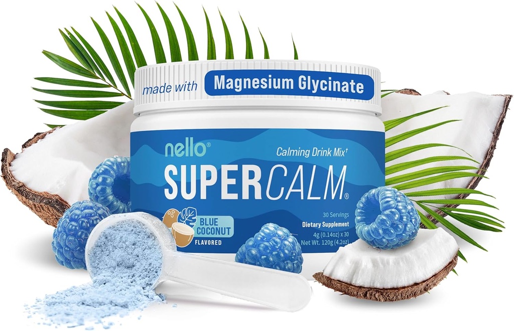 Nello Supercalm Tozlu İçme Mix, Blue Coconut, L Theanine, Ksm-66 Ashwagandha, Magnezyum Glycinate, Vitamin D 3, Relaxation & Focus, No Sugar, Non GMO, On The Go, 30 Srvgs