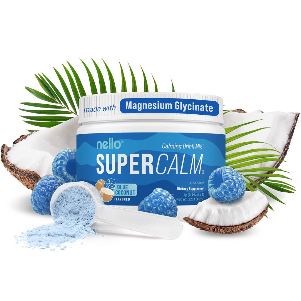 Nello Supercalm Tozlu İçme Mix, Blue Coconut, L Theanine, Ksm-66 Ashwagandha, Magnezyum Glycinate, Vitamin D 3, Relaxation & Focus, No Sugar, Non GMO, On The Go, 30 Srvgs