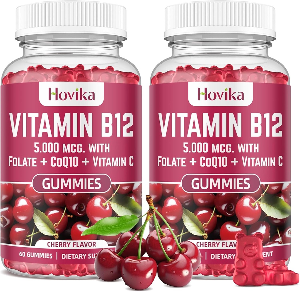 Vitamin B12 Complex 5000 mcg Methyl B12, Adenosyl B12 & Hydroxy B12, με συνένζυμο Q10, Folate, Vitamin C, Chewable B 12 για την ενεργειακή υποστήριξη, Μεταβολισμός, Υγεία των οστών - Γεύση κεράσι, 2 Συσκευασία