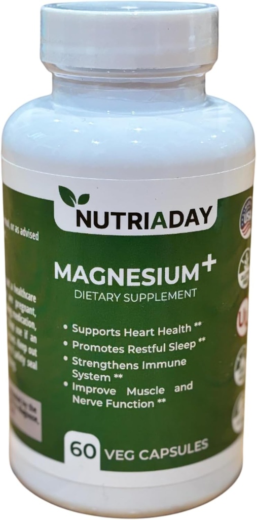 Magnezyum Plus Supplement - Stres Yardımı için Magnezyum Kompleksi, Kalp Sağlığı, Uyku Desteği, Immune Boost, Muscle & Nerve Aid - Pure Magnezyum Glycinate Toz 60 Veg Capsules