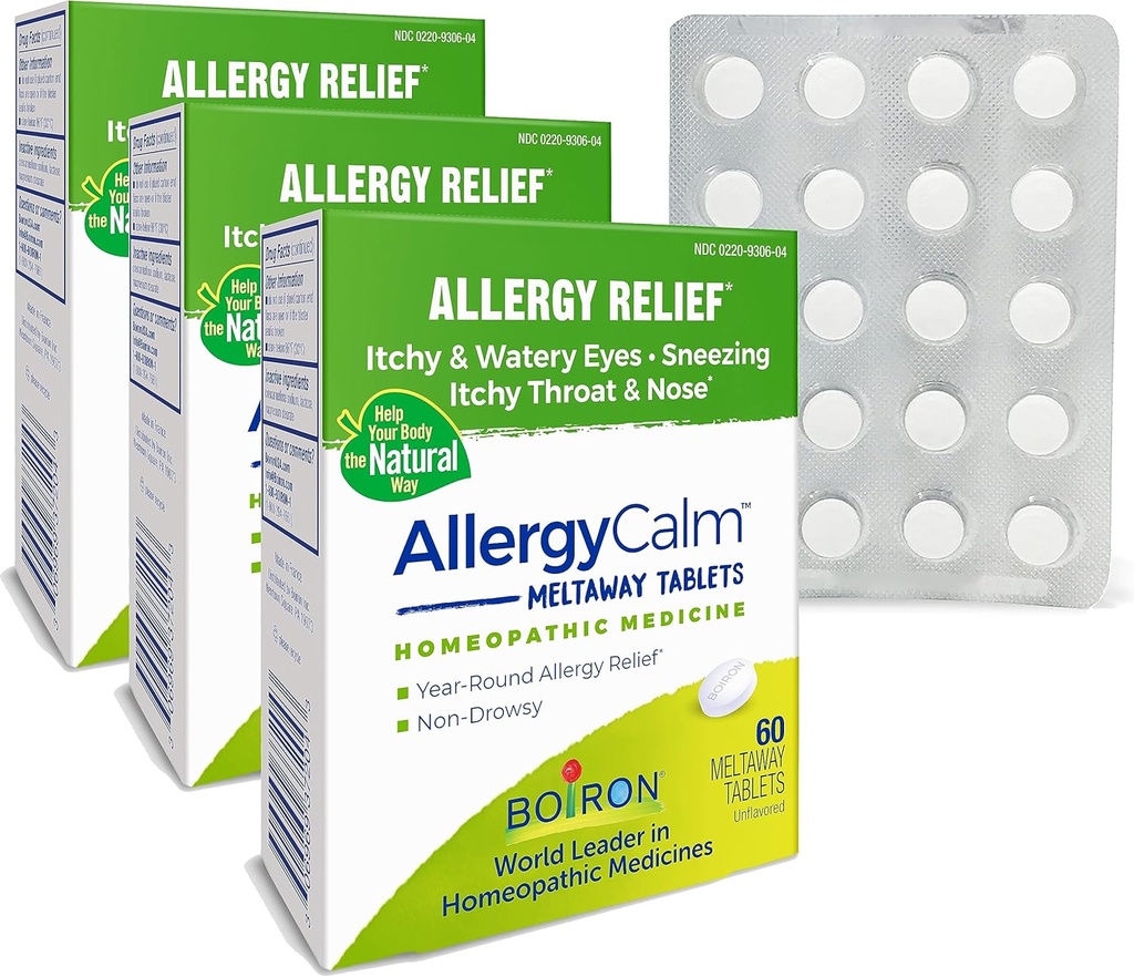 Boiron AllergyCalm Tablets 180 Count, Relief from Allergies and Hay Fever Συμπτώματα του φτάρνισμα, Runny μύτη, και Ichy Eyes or Throat, Allergy Calm Tabs (Πρώην RhinAllergy) (Pack of 3 60ct Boxes)