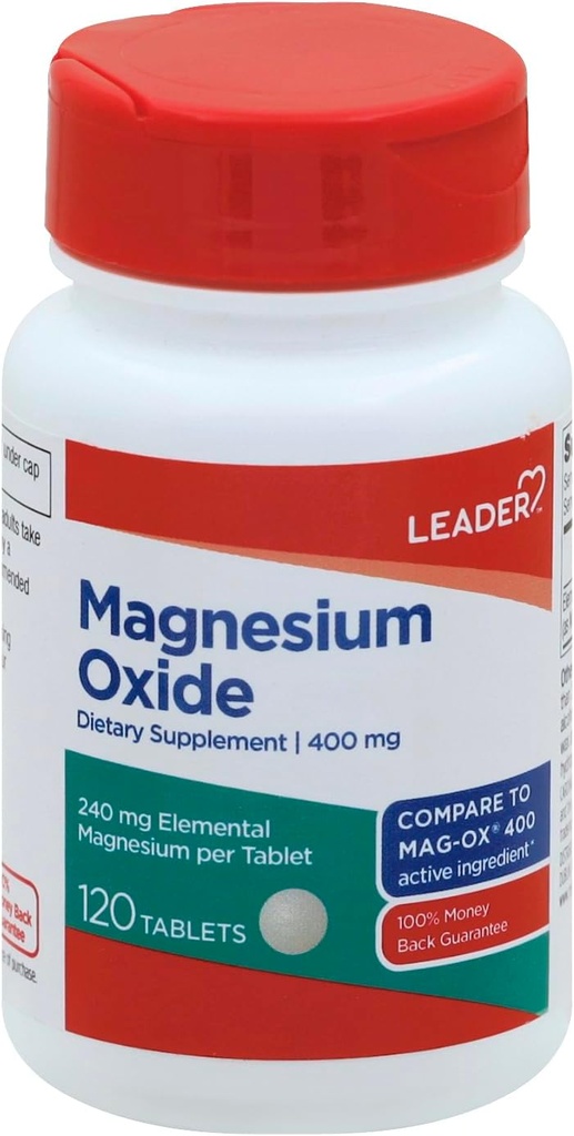 Leader οξείδιο του μαγνησίου 400mg, Βοηθά τα οστά και τους μυς Cramps, Αδυναμία Συμπλήρωμα Διαιτητικό δισκίο, 120 Count