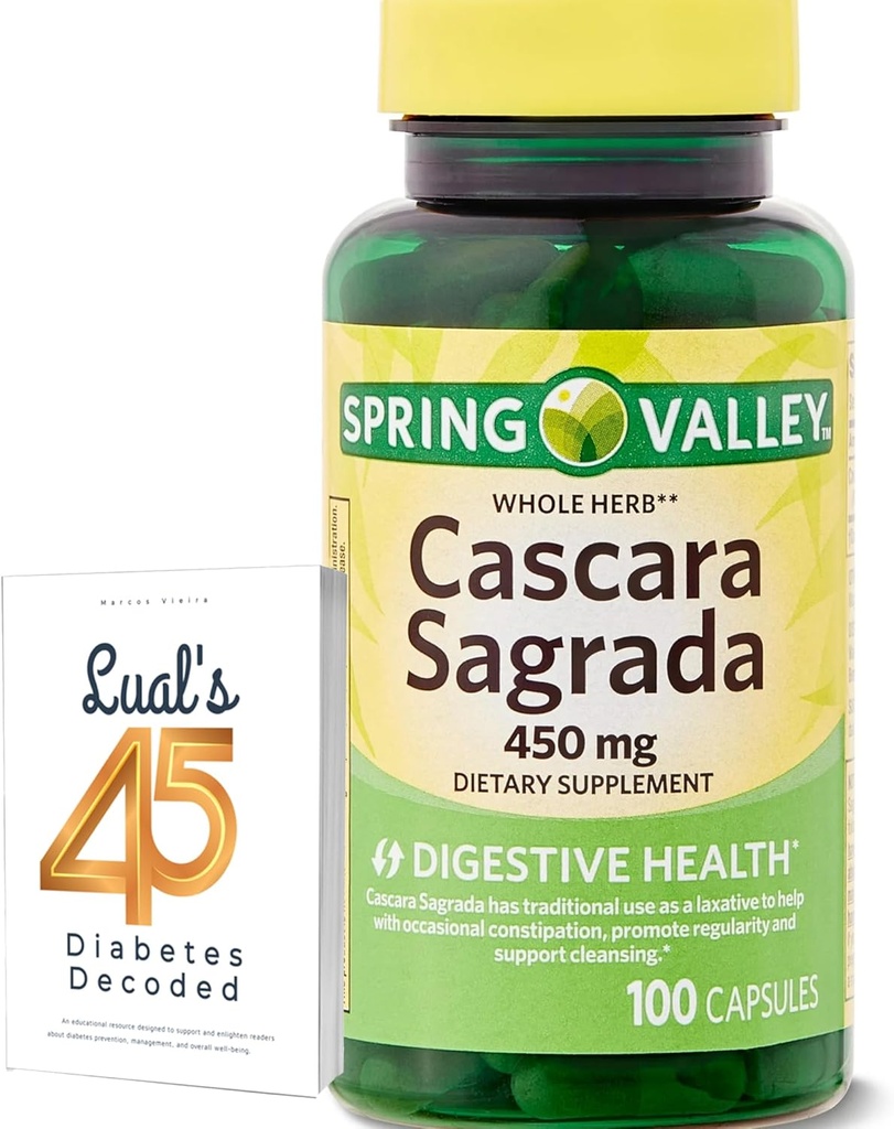 Cascara Sagrada 450mg. Spring Valley Cascara Sagrada 450mg 100 Count, Whole Herb Cascara Sagrada Digestive Health Dietary Supplement Capsules Bundle with Luall's 45 Diabetes Decoded