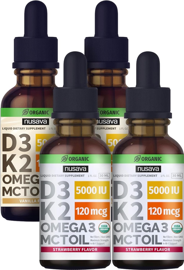 NUSAVA Strawberry Flavored D3 K2 Sıvı Öpücüler ve Vanilla Flavored D3 K2 Sıvı Durgunlar - Kalp, Ortak, Bone, Muscle, & Immune Support - Non-GMO, Gluten-Free, 2pk Every Gluten-Free, 2pk