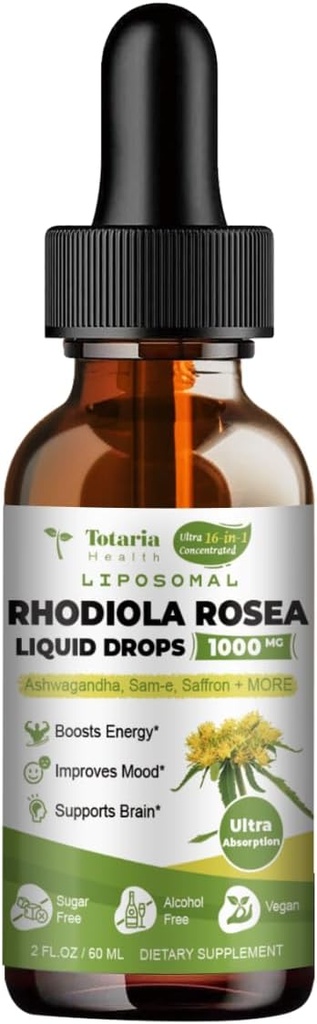 Totaria Liposomal Rhodiola Rosea Βάμμα 16 σε 1, w/Ashwagandha, L-Θεανίνη, Saffron, Ultra Strength Rhodiola Rosea Ashwagandha Cortisol Liquid, Natural Flavor