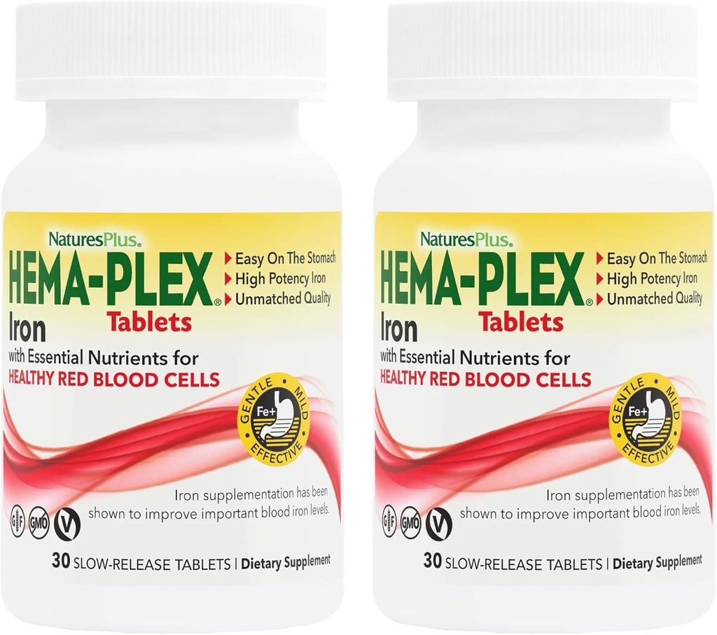 NaturesPlus Hema-Plex Iron - 30 Slow- Release Tablets, Συσκευασία των 2 - Ολική Υγεία του Αίματος - 85 mg Χηλικός Σιδήρος - με Βιταμίνη C & Bioflavonoids - Μη ΓΤΟ, Χορτοφαγικά & Χωρίς Γλουτένη - 60 Σύνολο Σερβιρίσματος