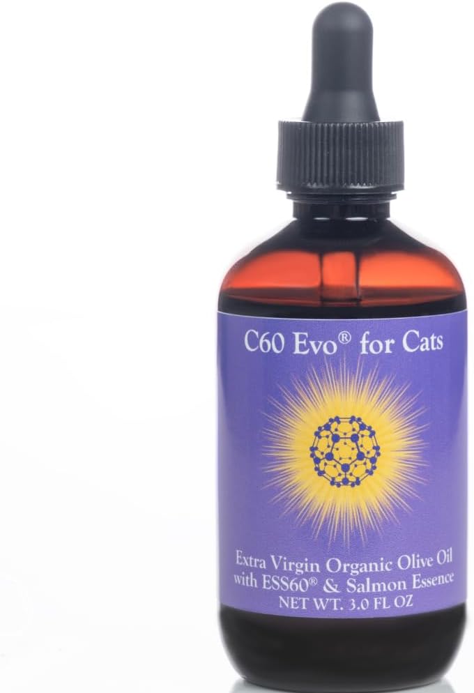 ESS60 Kediler için Zeytinyağı - Organik Ekstra Virgin Zeytinyağı, Pure C60 ESS60 (.8 mg/mL) & Natural Salmon Essence Your Cats' Flexability, Energy, Immunity, Longevity - 3 ozzunity, Longevity - 3 ozzz