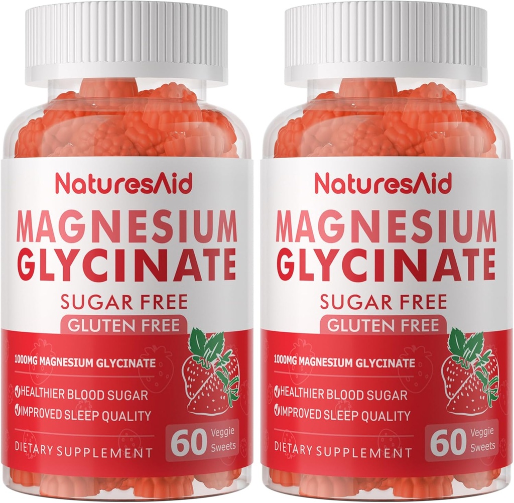 Μαγνήσιο Γλυκινικό Gummies 1000mg - Συμπλήρωμα μαγνησίου χωρίς ζάχαρη με βιταμίνη D, B6, CoQ10 για υποστήριξη ηρεμίας & ύπνου - 120 Gummies Φράουλα -2 Pack
