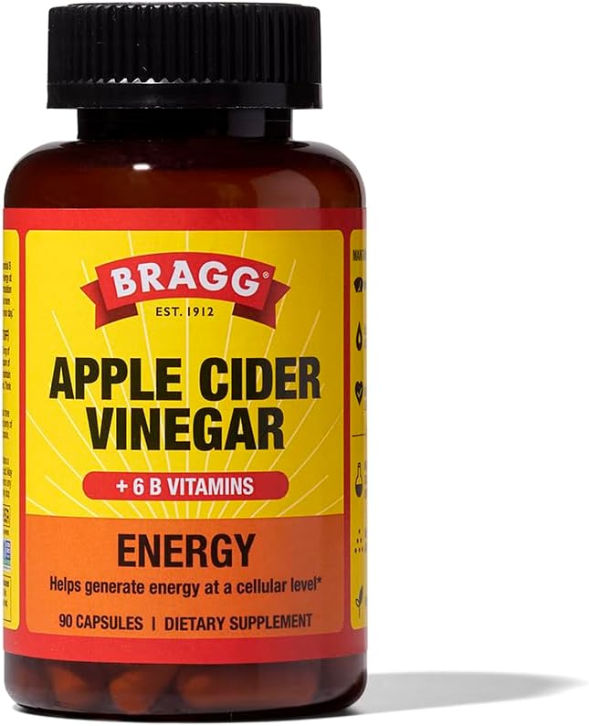 Bragg Energy Apple Cider Vinegar Capsules with B-12 Vitamins - 90 Capsules - Kilo Yönetimi - Non-GMO, Vegan, Gluten Free, No Sugar - Helps Genrate Energy at Cellular Level for Men and Women