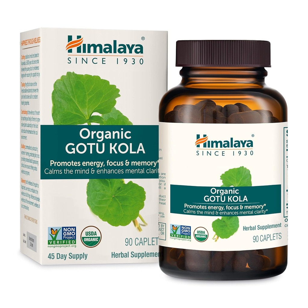 Himalaya Organik Gotu Kola, 45 Günlük Supply - Herbal Nootropic Supplement with Adaptogens for Energy, Focus, Memory, and Calming Relaxation - Vegan, Non-GMO, Gluten Free, 650 mg, 90 Caplets