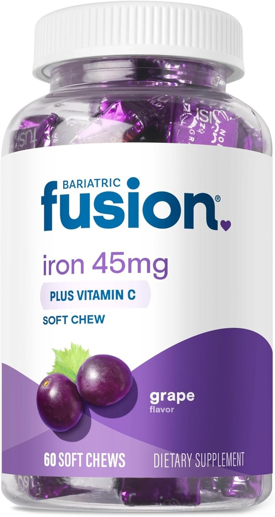 Bariatrik Fusion Iron Supplement for Women Anemia | Chewable Iron with Vitamin C | Grape Flavored Soft Chew | Stomach Ferrous Fumarate for Women and Men | Gluten Free | 60 Count